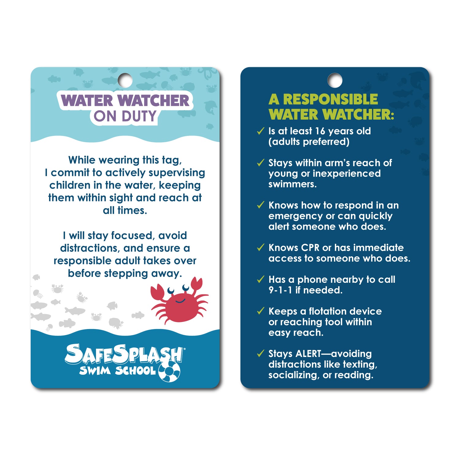 SafeSplash Swim School: Laminated Paper Water Watcher Tag