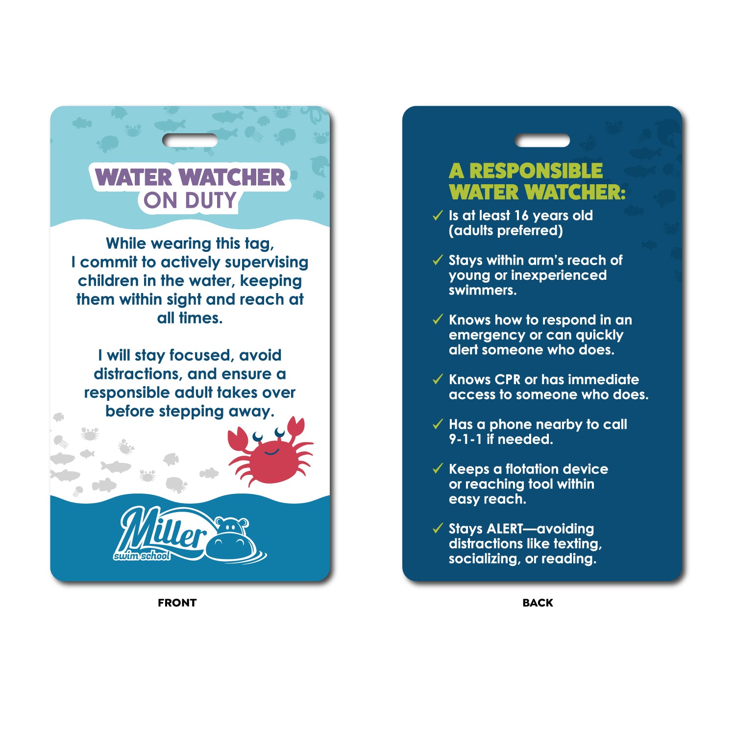 Miller Swim School: Laminated Paper Water Watcher Tag