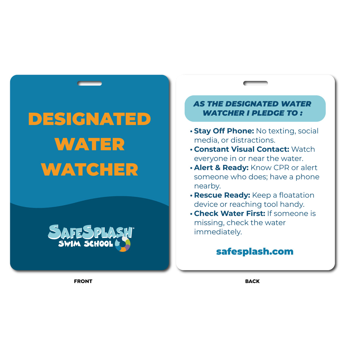 SafeSplash Swim School: Laminated Paper Water Watcher Tag