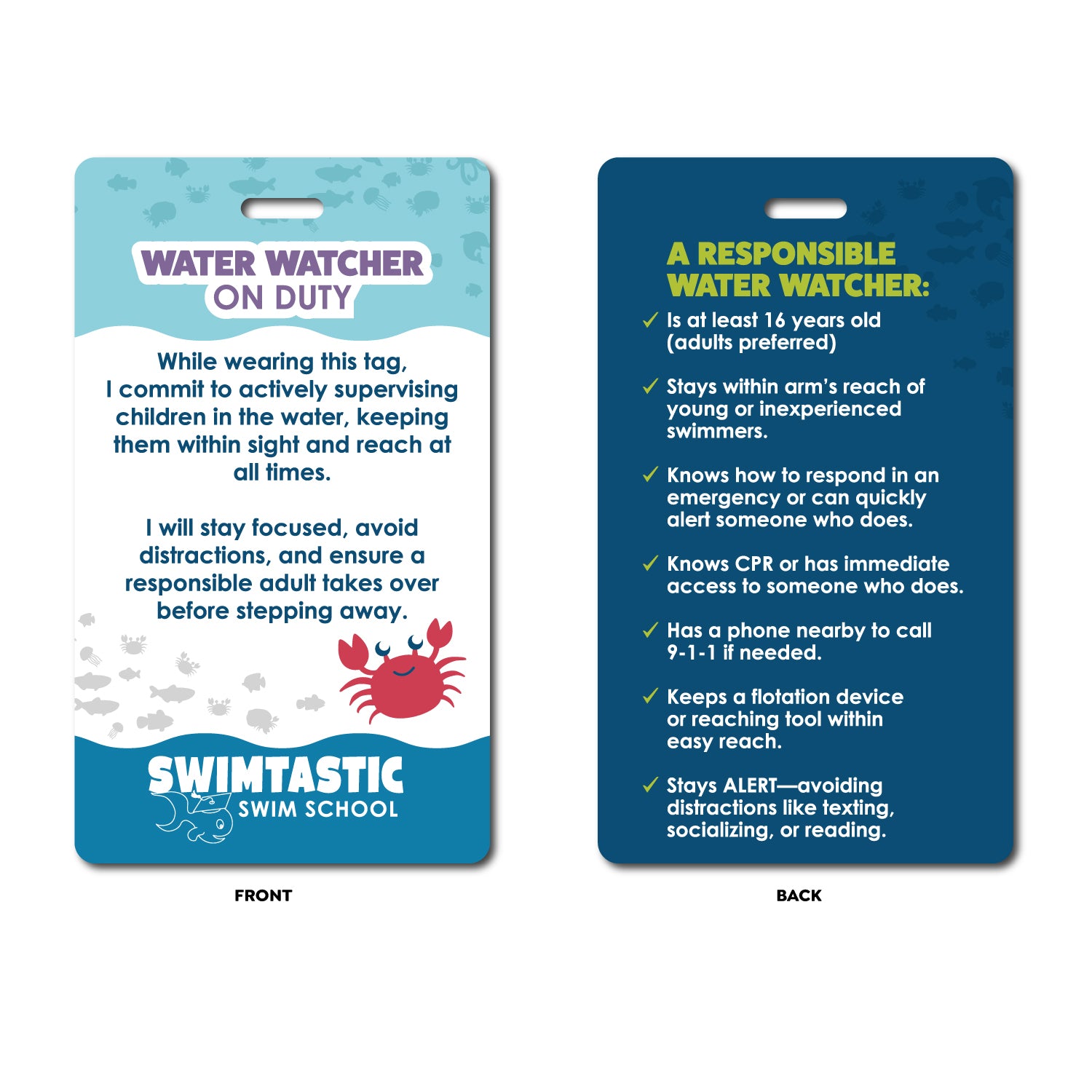 Swimtastic Swim School: Laminated Paper Water Watcher Tag